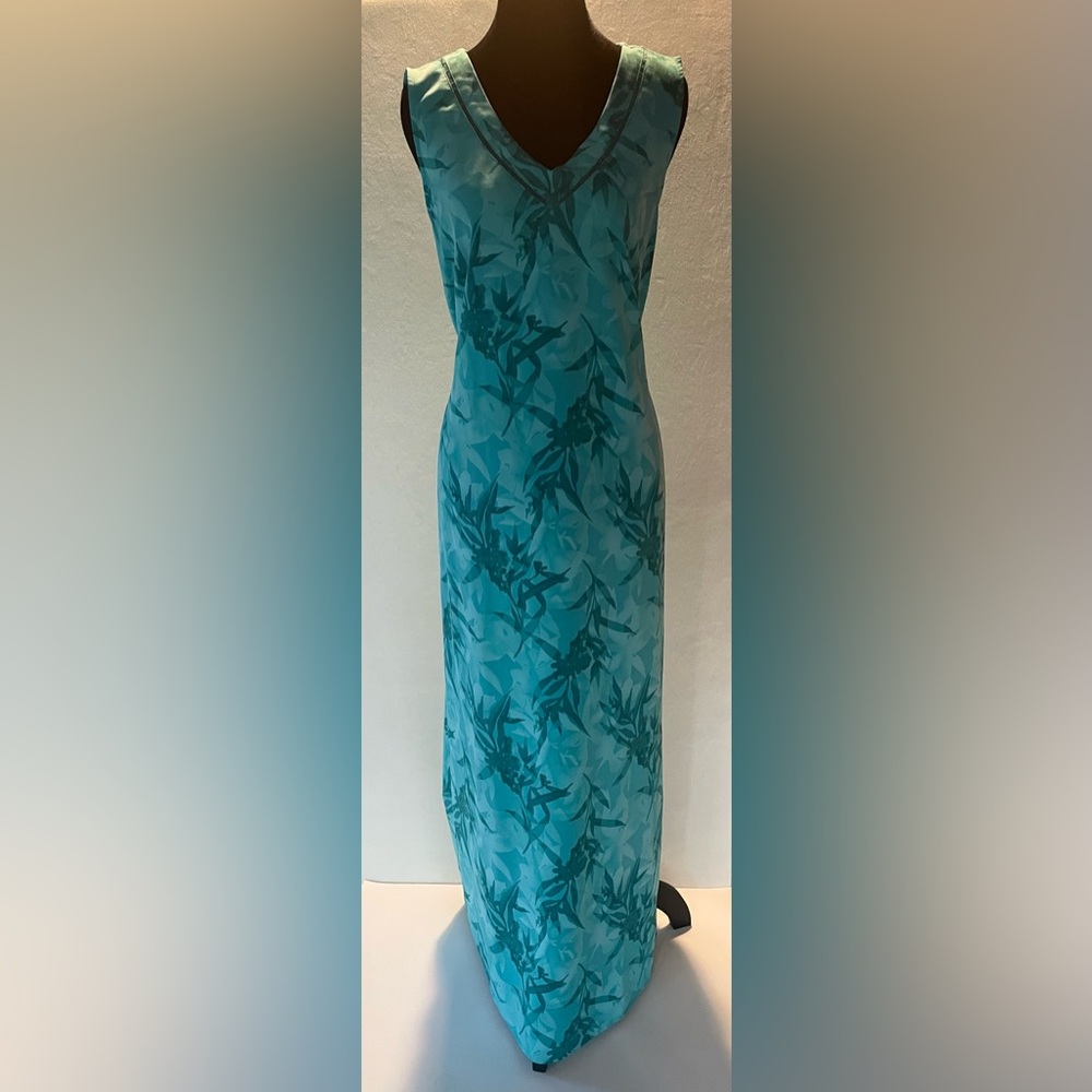 VTG 90s NORTON MCNAUGHTON Blue Floral Sleeveless Maxi Dress L Tropical Resort